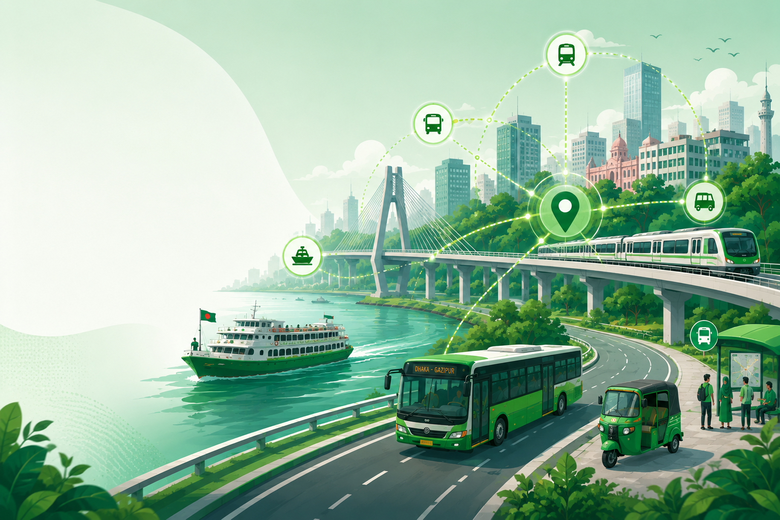 Pothik — Smart transport network illustration showing buses, trains, CNG and a ferry in Bangladesh